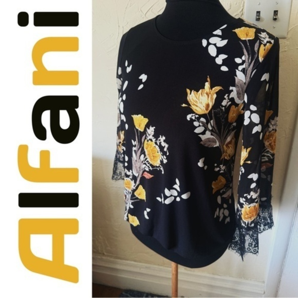 NEW Alfani Black and Gold Graphic 3/4 Sleeve Blouse